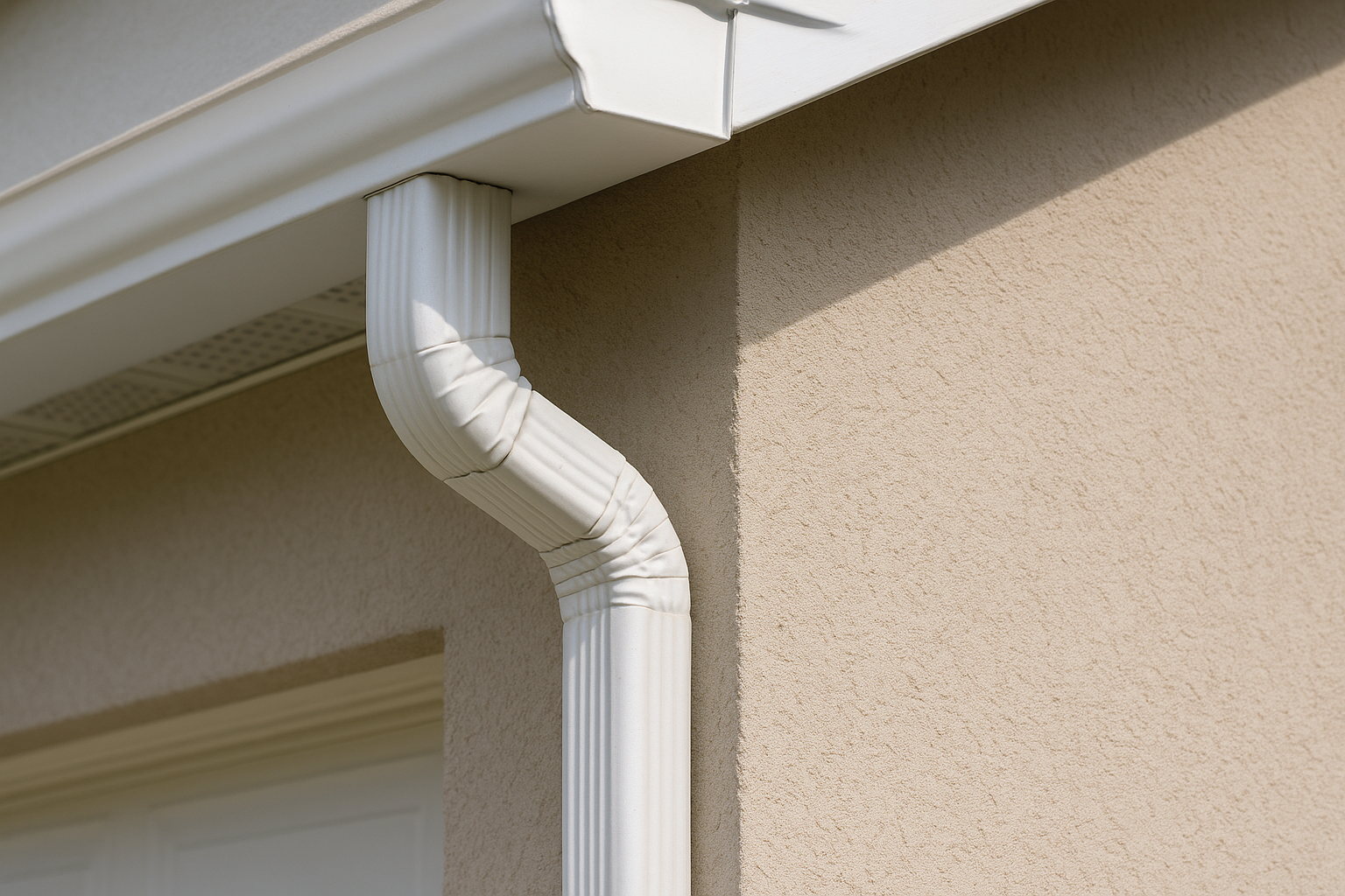 White gutter downspout attached to seamless gutters on a tan Charleston home