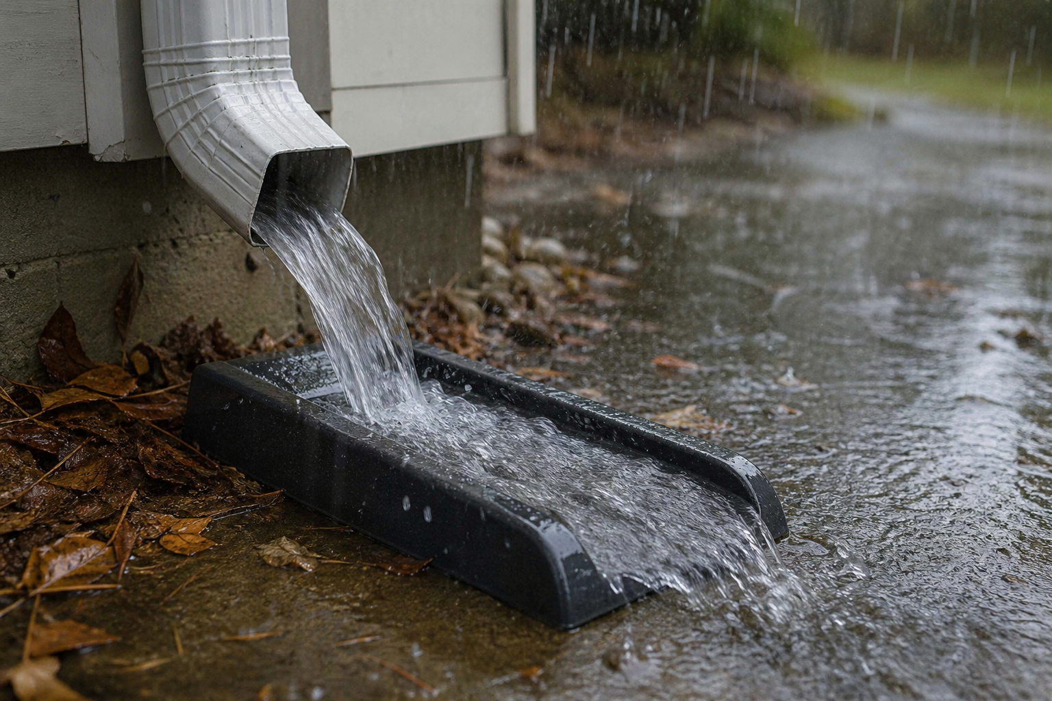 Image of a gutter downspout emptying into a splash block