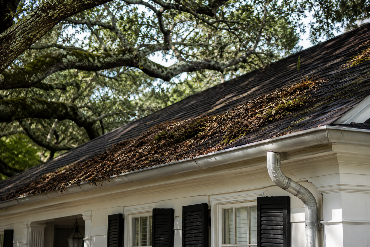 Live oak leaves on the roofline of a Charleston home